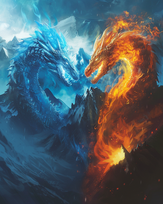 Frostfire drake surrounded by icy blue and fiery red effects