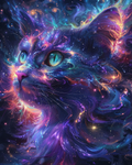 Cat surrounded by stars and colorful galaxies in diamond art