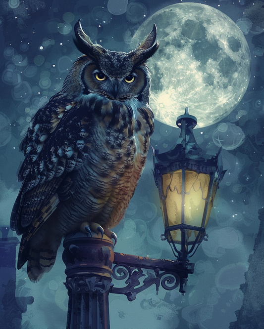 Cosmic owl beneath a star-filled galaxy sky in diamond painting art