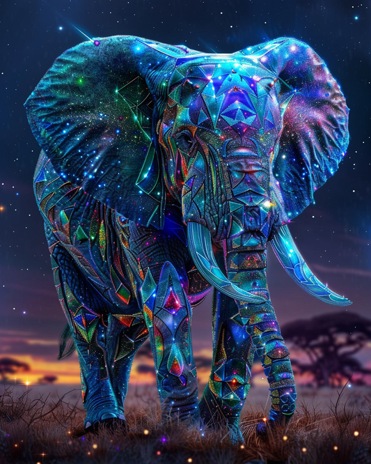 Jewel-toned elephant portrait with gemstone details in diamond art