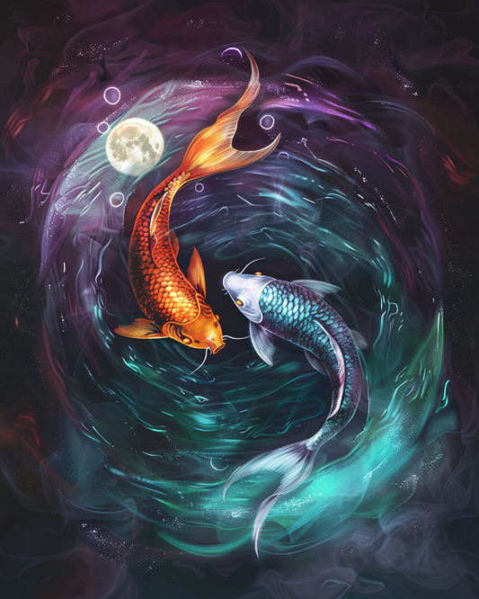 Koi fish swimming beneath a glowing moon in diamond painting art