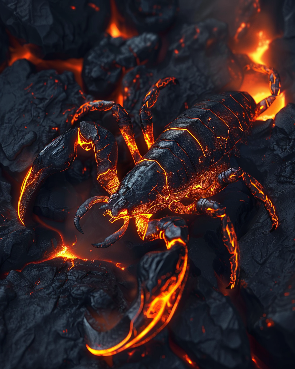 Molten magma scorpion glowing in a volcanic diamond art scene