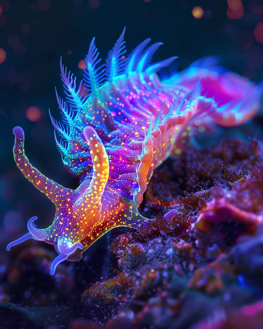 Vivid neon nudibranch sea creature in colorful diamond painting art