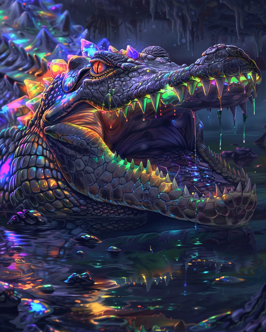 Colorful opal crocodile with shimmering scales in diamond art