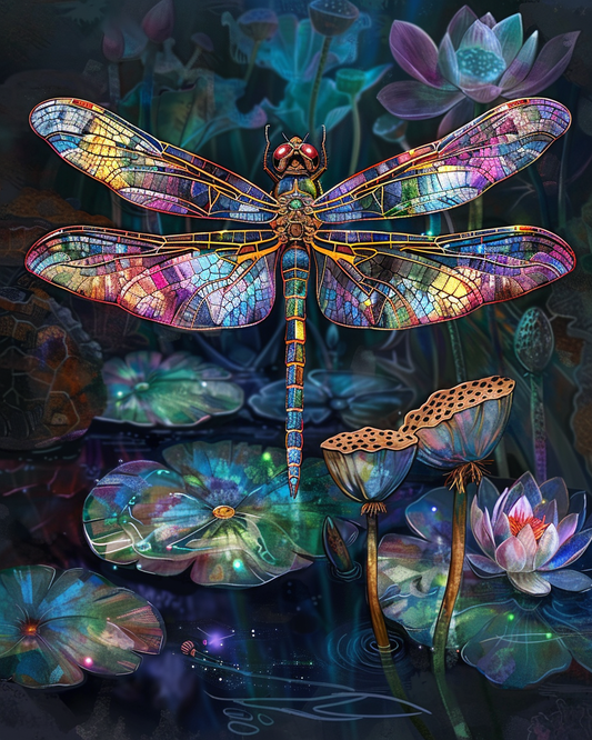 Rainbow-lit dragonfly with prismatic wings in diamond painting art