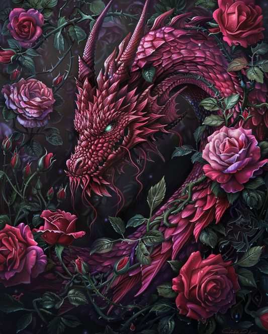 Dragon entwined with roses and thorns in diamond painting art