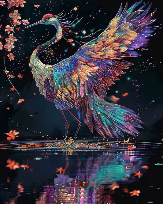 Elegant crane with flowing silk-like feathers in diamond art