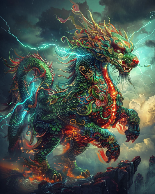 Thunder qilin surrounded by lightning in diamond painting artwork
