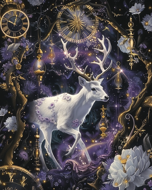 Mystical stag surrounded by time-inspired symbols in diamond art