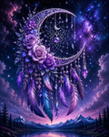 Ornate purple dreamcatcher with feathers in diamond painting art
