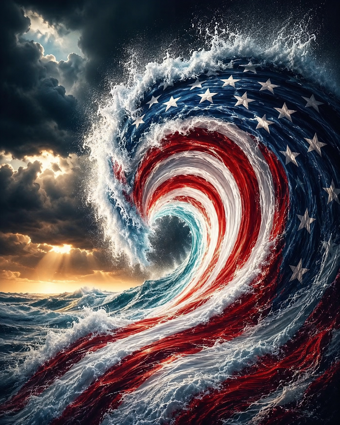 Flag design blended with powerful ocean waves in diamond art