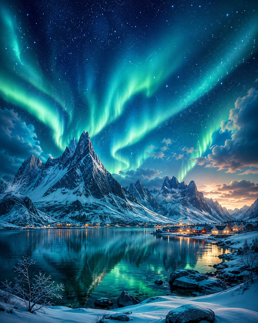 Northern landscape beneath colorful aurora lights in diamond art