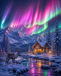 Guardian standing beneath northern lights in diamond painting art