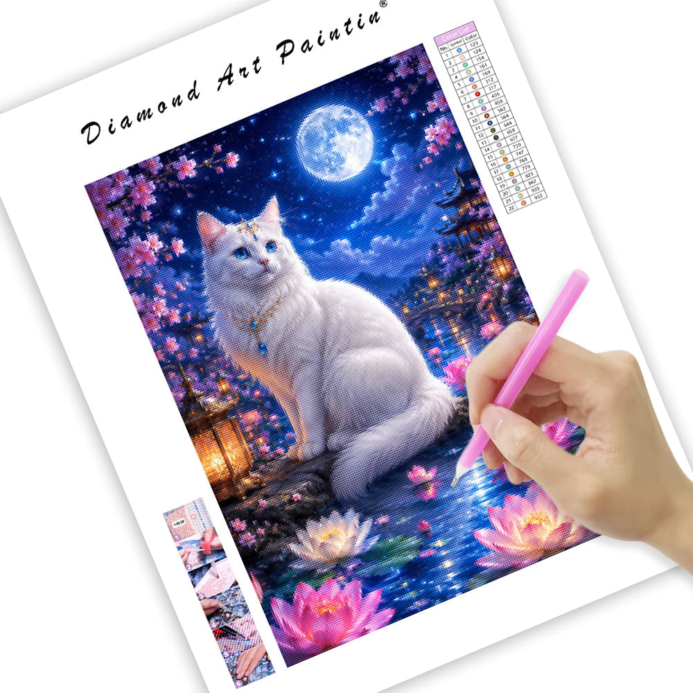 Moonlit Lotus Cat - Diamond Painting