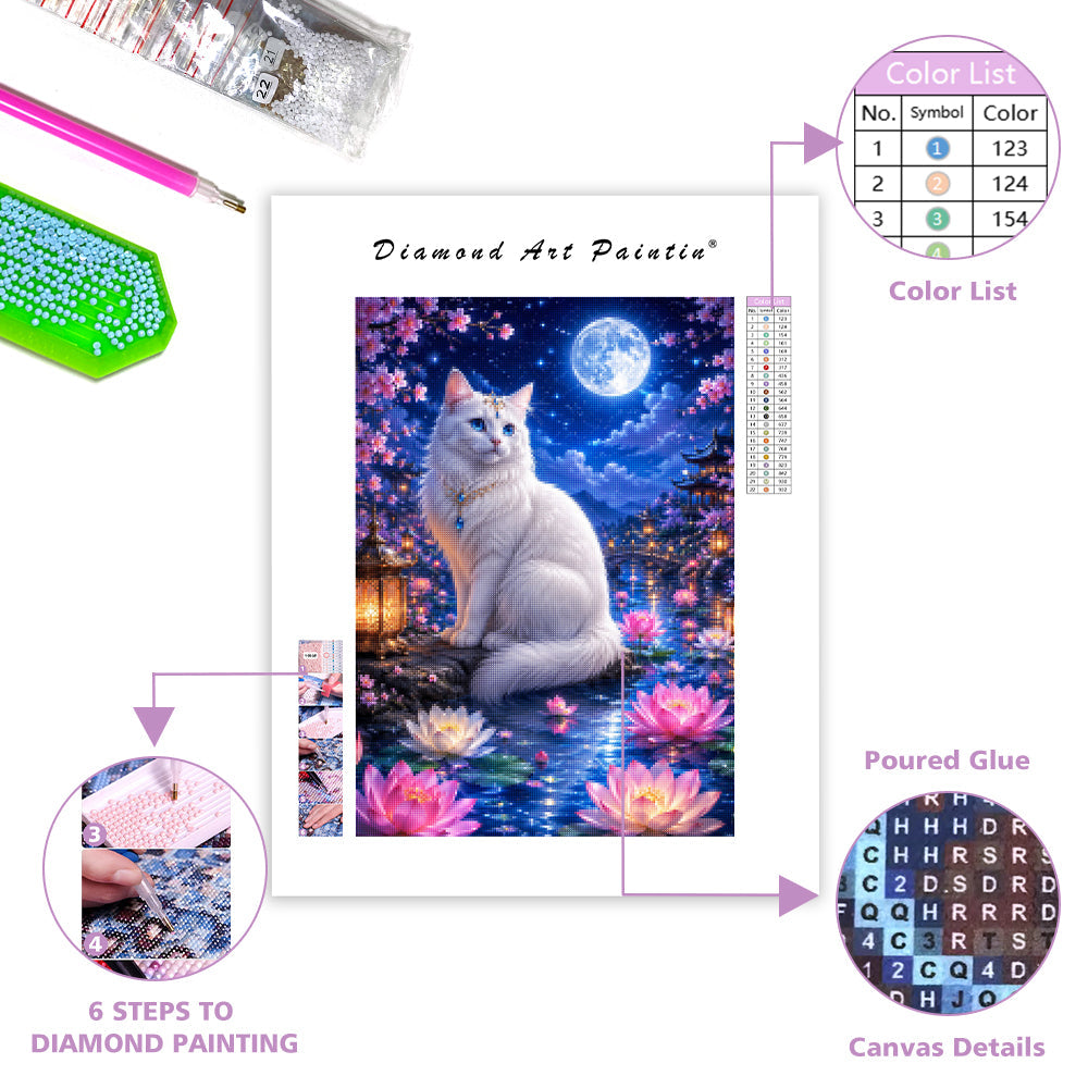 Moonlit Lotus Cat - Diamond Painting
