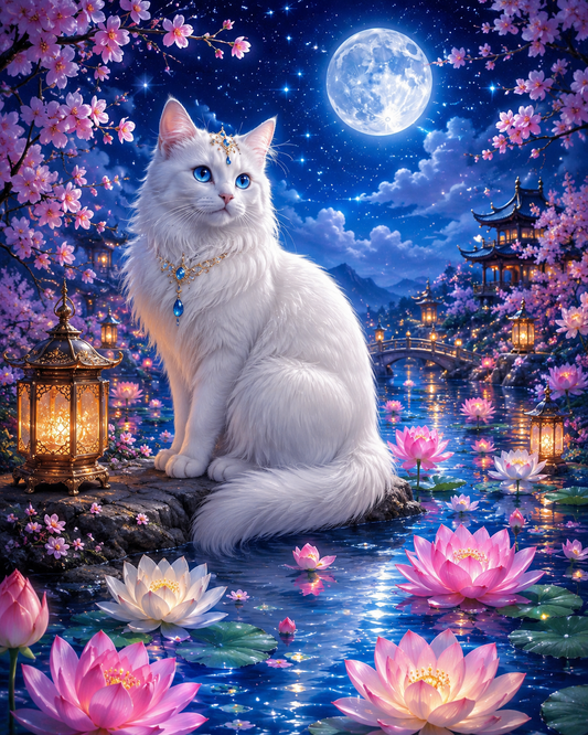 Moonlit Lotus Cat - Diamond Painting