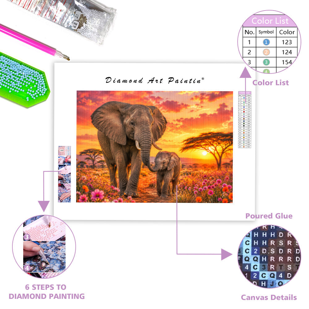 Sunset Elephants - Diamond Painting