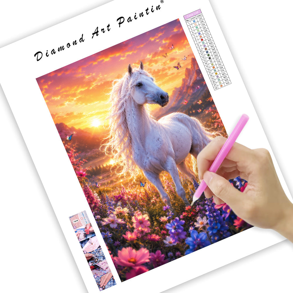 Sunset White Horse - Diamond Painting