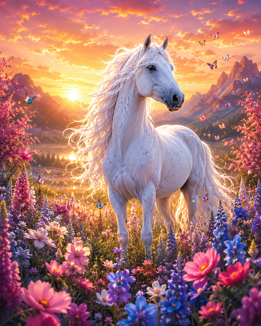 Sunset White Horse - Diamond Painting