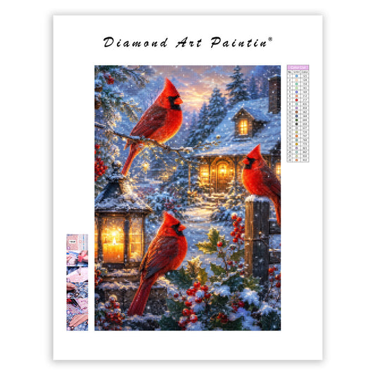 Winter Cardinal Cottage - Diamond Painting
