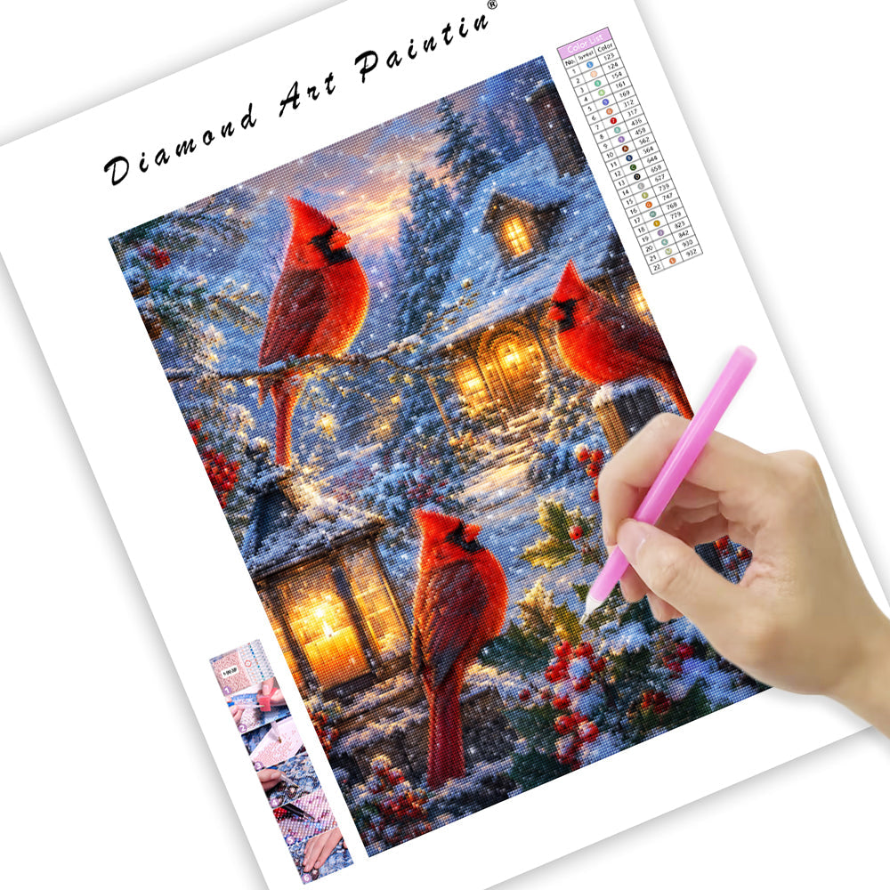Winter Cardinal Cottage - Diamond Painting
