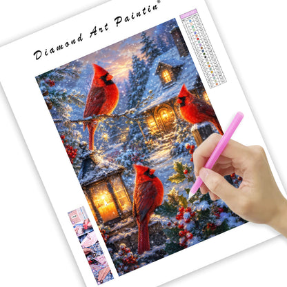 Winter Cardinal Cottage - Diamond Painting