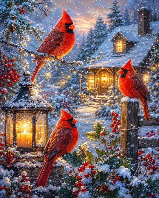 Winter Cardinal Cottage - Diamond Painting