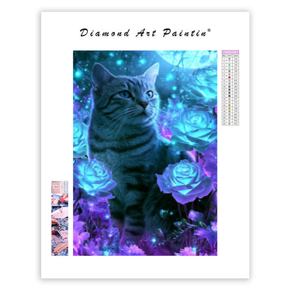 Blue Rose Cat - Diamond Painting