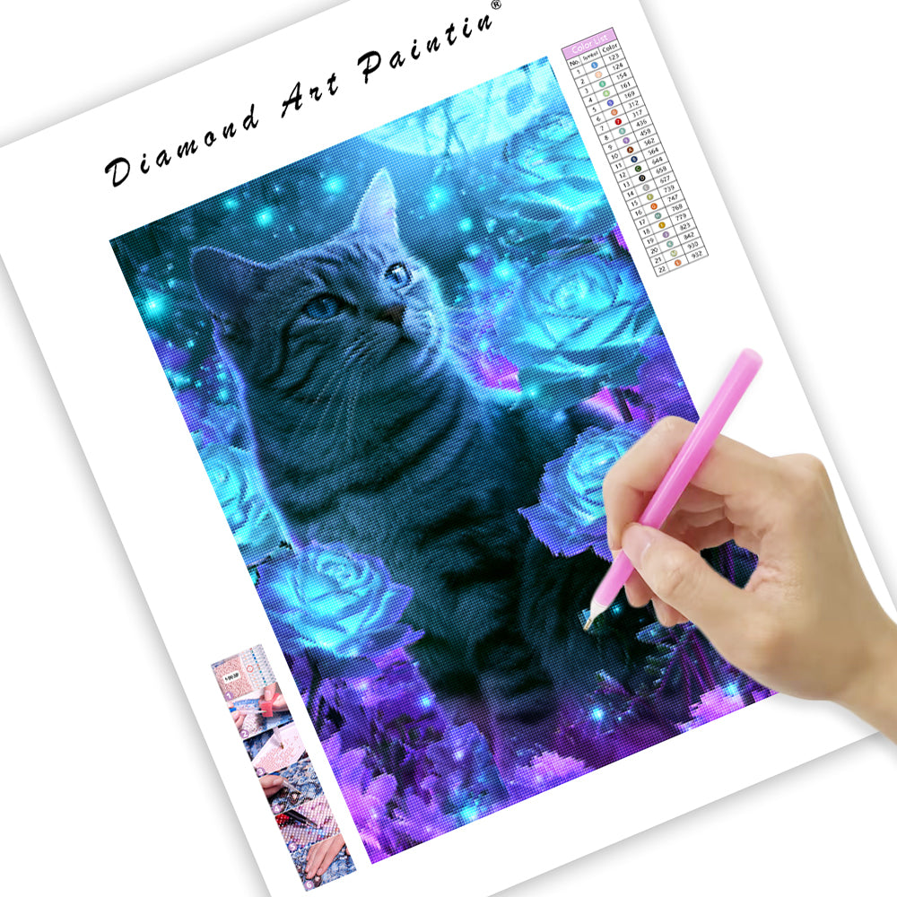 Blue Rose Cat - Diamond Painting