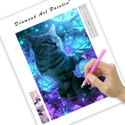 Blue Rose Cat - Diamond Painting