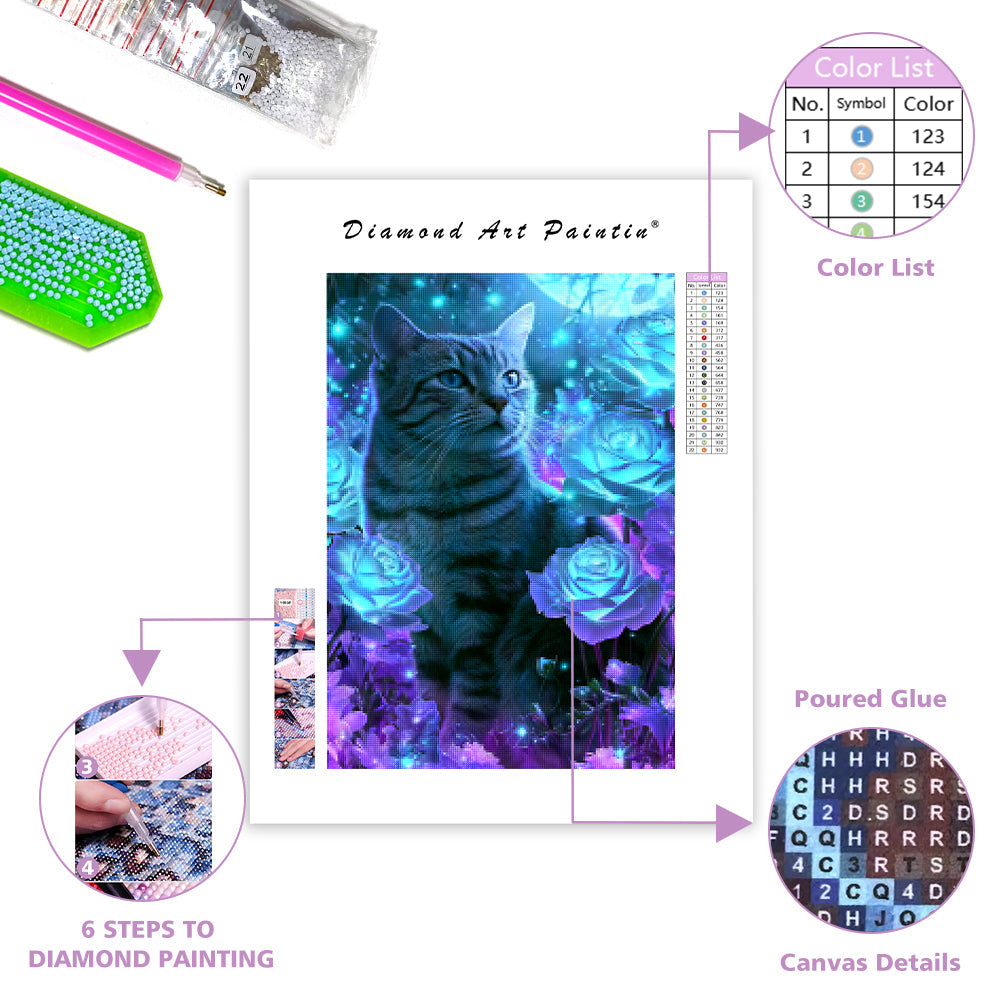Blue Rose Cat - Diamond Painting