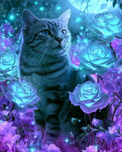 Blue Rose Cat - Diamond Painting