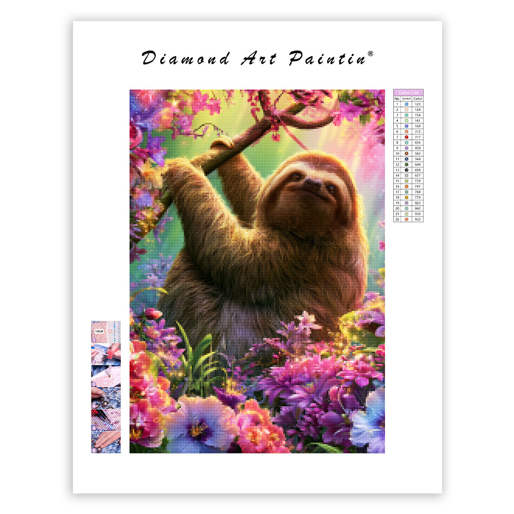Glowing Sloth Flowers - Diamond Painting