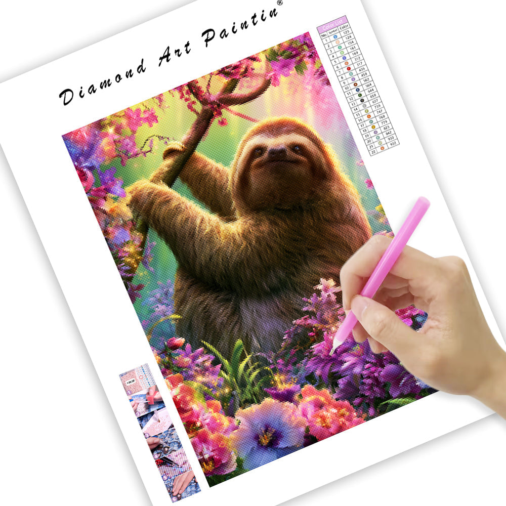 Glowing Sloth Flowers - Diamond Painting