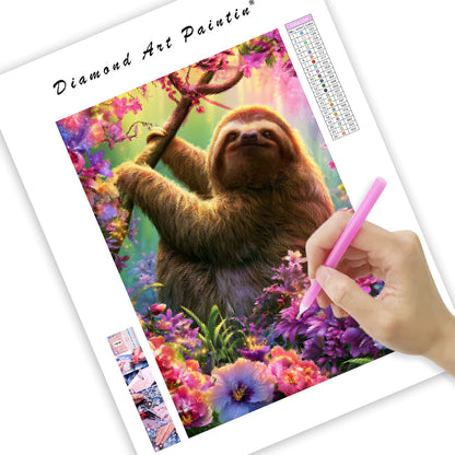 Glowing Sloth Flowers - Diamond Painting