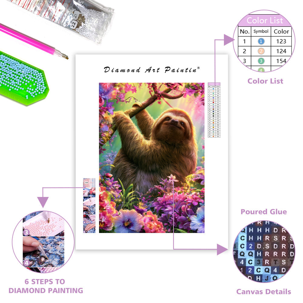 Glowing Sloth Flowers - Diamond Painting