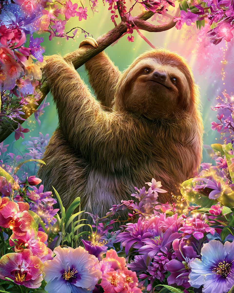Glowing Sloth Flowers - Diamond Painting