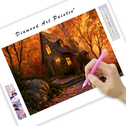 Golden Autumn Cottage - Diamond Painting