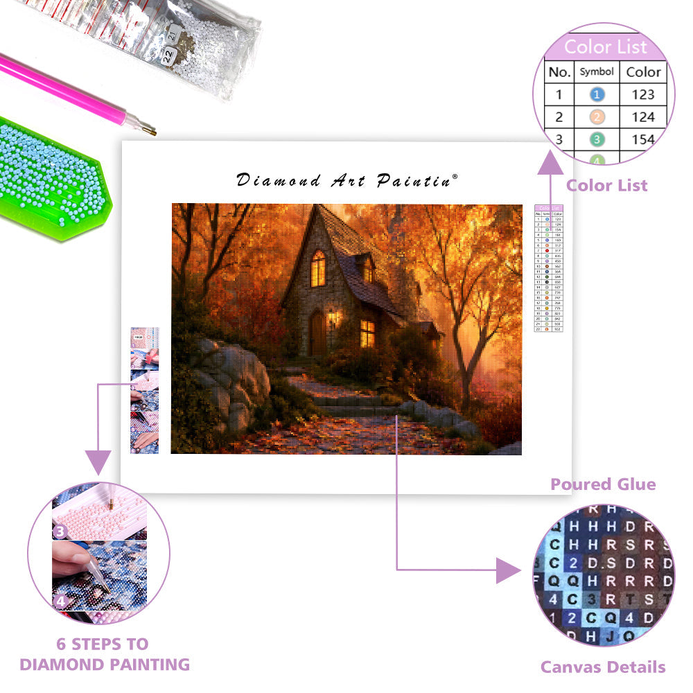 Golden Autumn Cottage - Diamond Painting