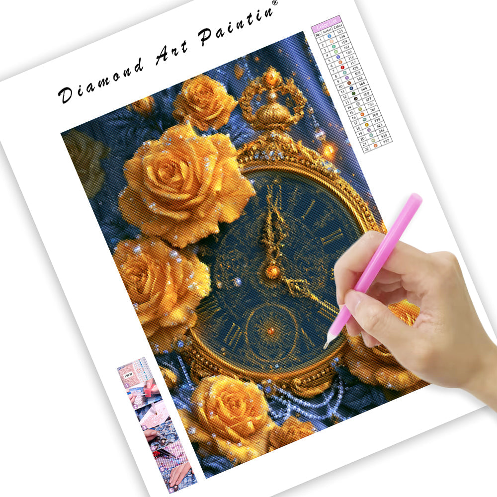 Golden Rose Clock - Diamond Painting