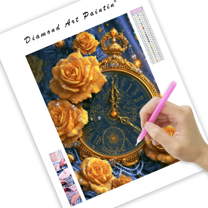 Golden Rose Clock - Diamond Painting