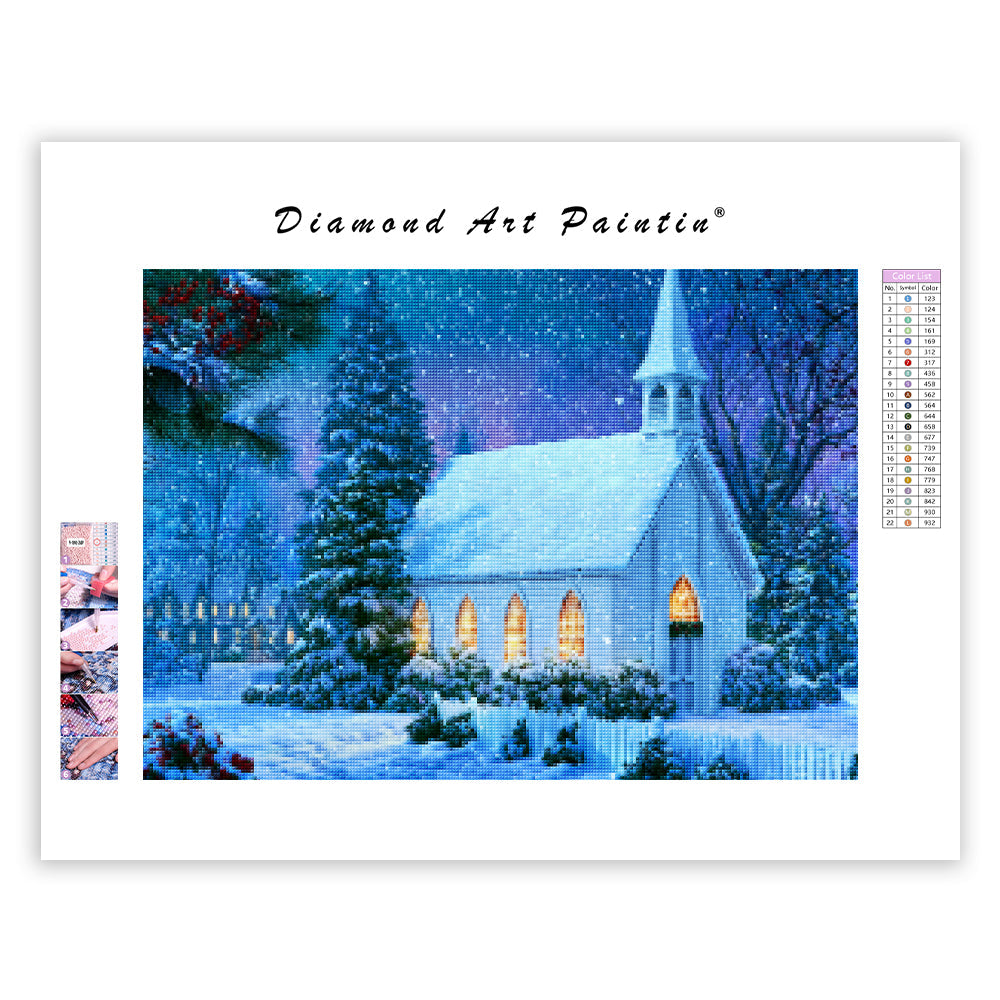 Snowy Church Lights - Diamond Painting