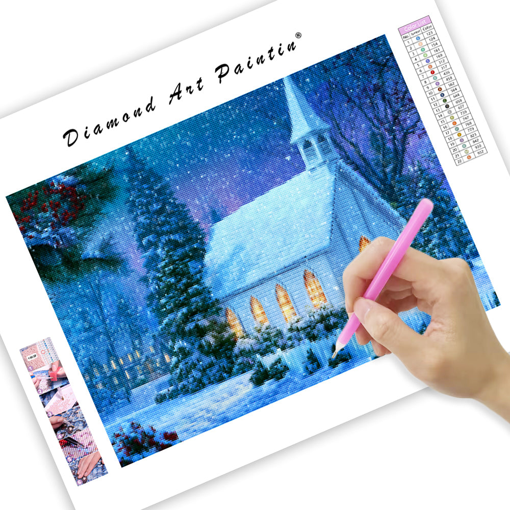 Snowy Church Lights - Diamond Painting