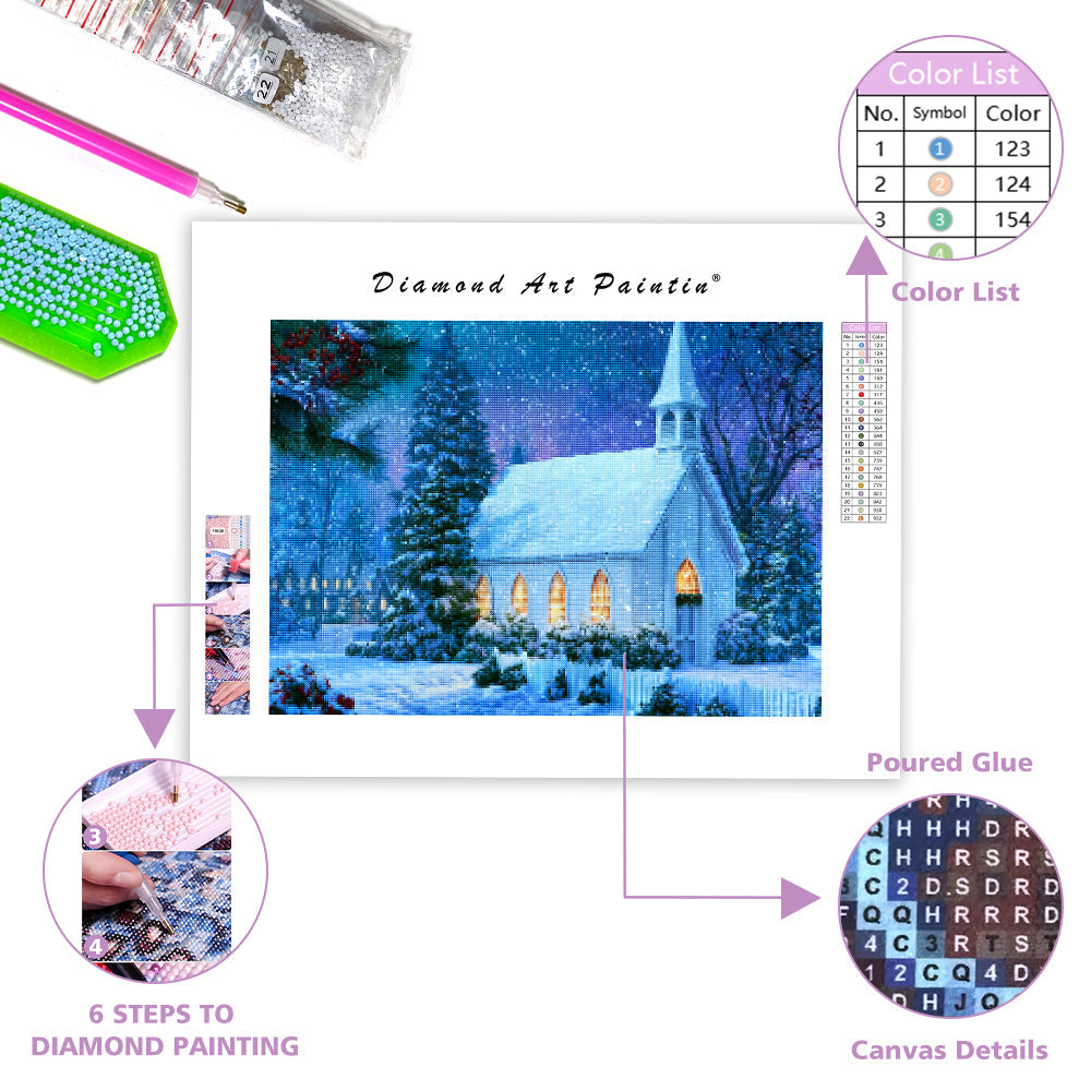 Snowy Church Lights - Diamond Painting