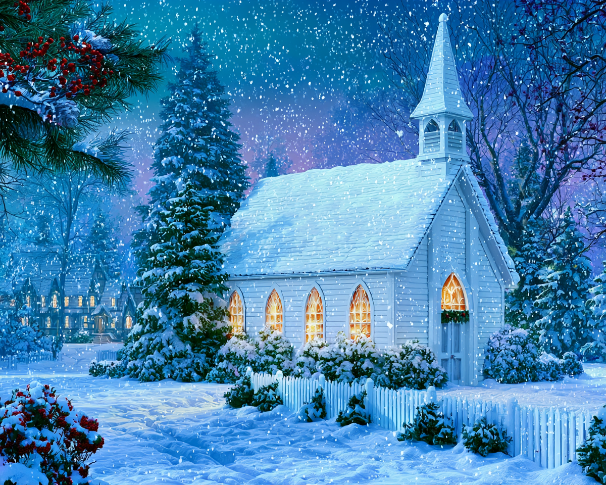 Snowy Church Lights - Diamond Painting