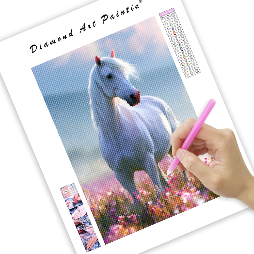 White Horse Bloom - Diamond Painting