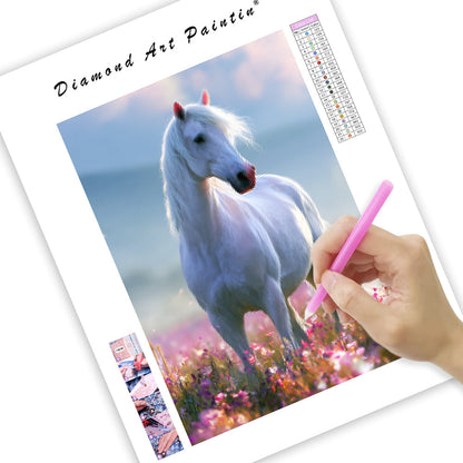 White Horse Bloom - Diamond Painting