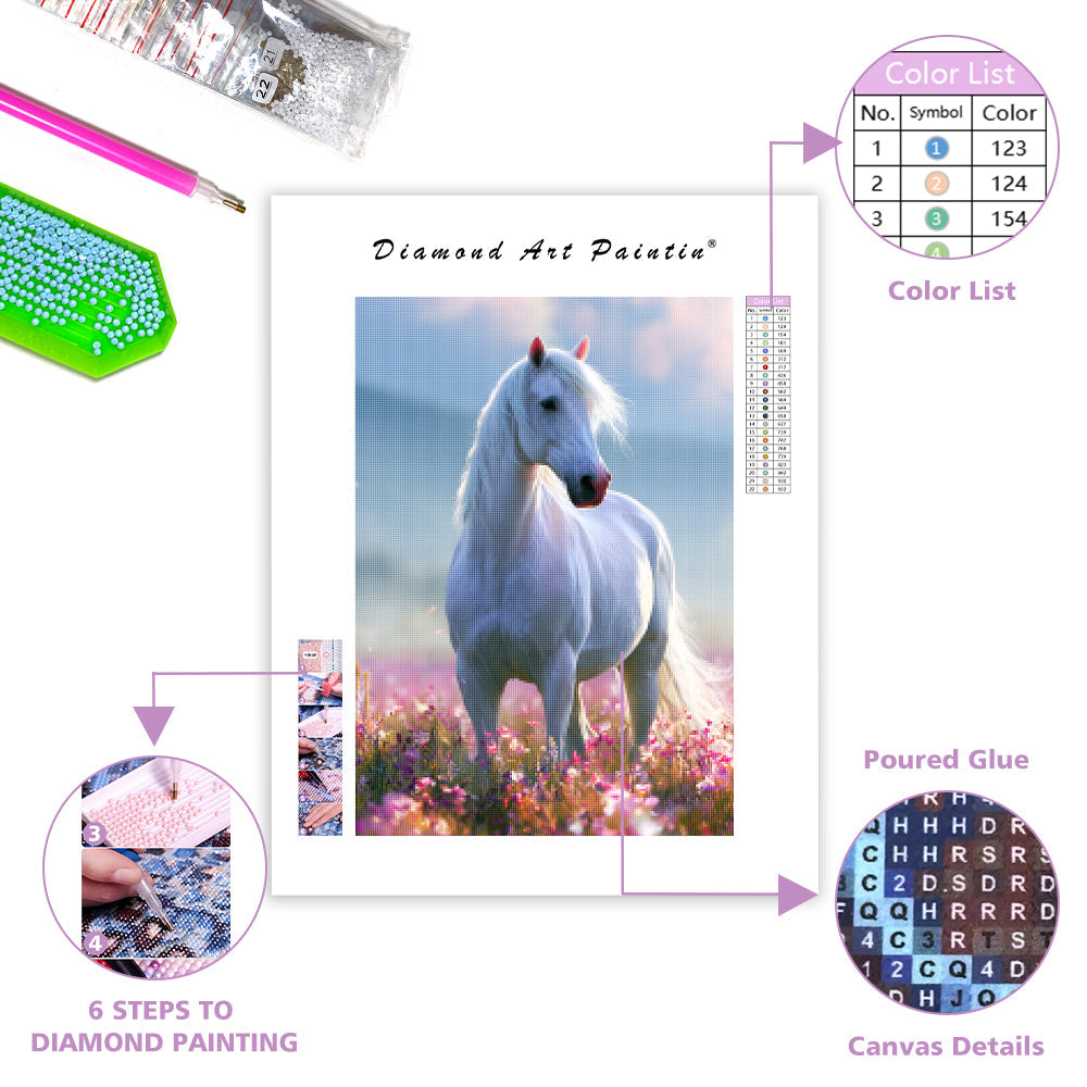 White Horse Bloom - Diamond Painting