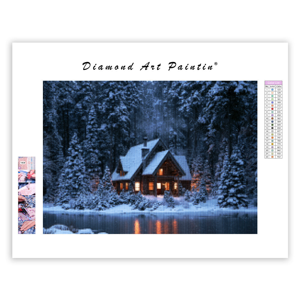 Snow night cabin - Diamond Painting