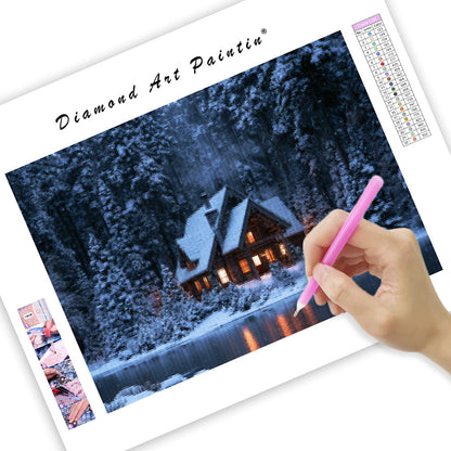Snow night cabin - Diamond Painting